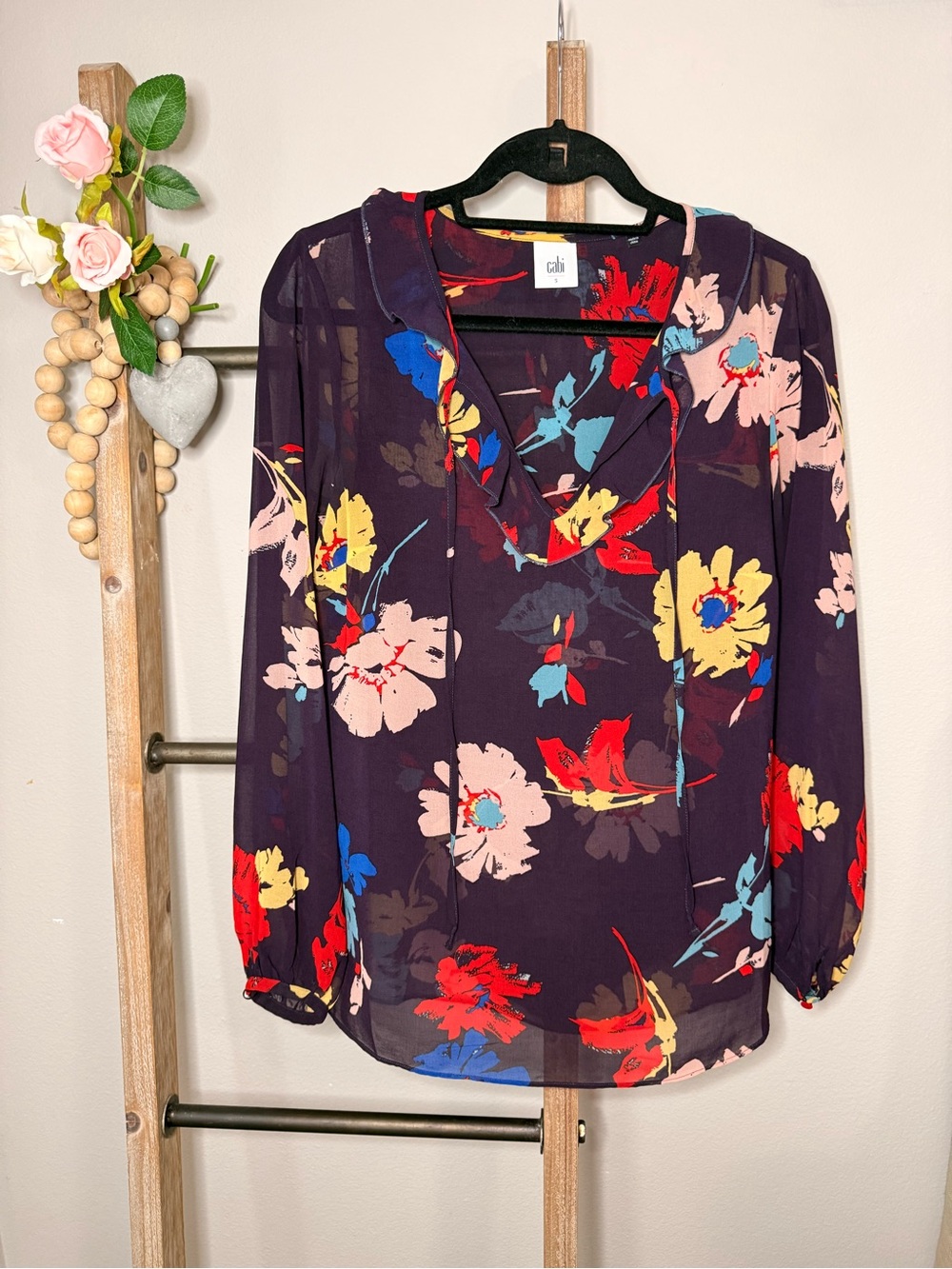Cabi Purple V Neck Long Sleeve Floral Sheer Blouse Business Attire Size Small